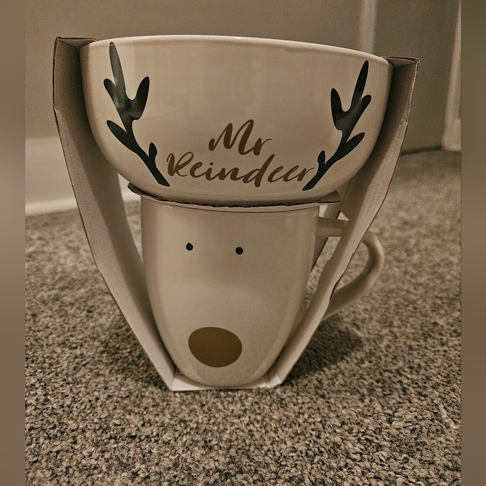 Mr Reindeer Mug and Bowl Set White & Gold Husband Boyfriend Christmas